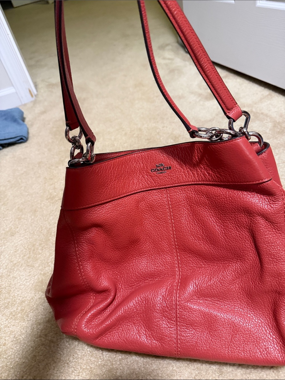 Coach Red Leather Shoulder Tote with Silver Hardware